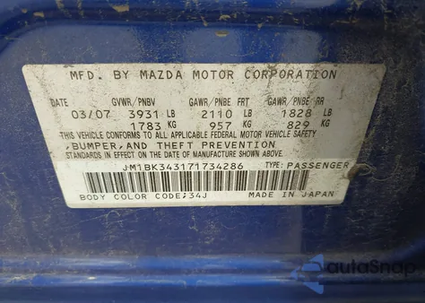 2007 Mazda Mazda3 S Touring z USA, uszkodzony, nr VIN JM1BK343171734286